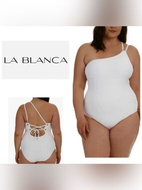 NWOT La Blanca Linea Costa One-Shoulder White Ribbed One-Piece Swimsuit Size 18W